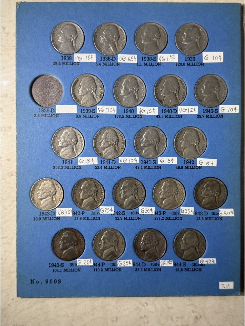63 Jefferson Nickel Collection 1938-1961, 11 War Silver Coins Vintage Album Lot